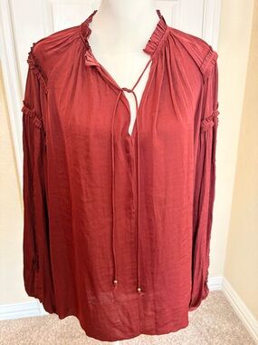 NWT! Elan Rust Tie-Neck Ruffle-Trim Blouse